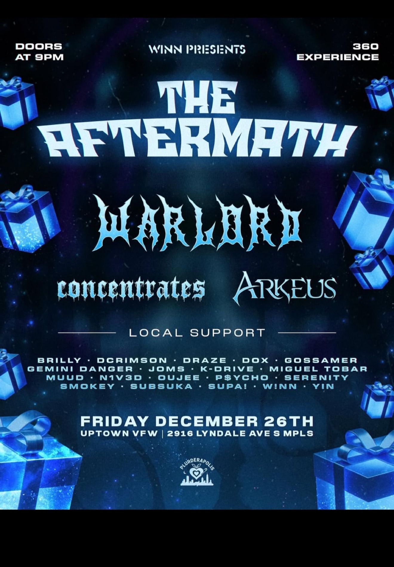 The Aftermath flyer for December 26 2025 at Uptown VFW in Minneapolis presented by WINN with the PLURderapolis logo