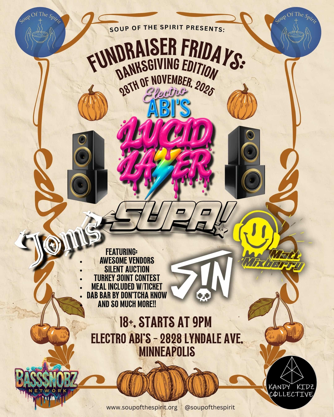 Fundraiser Fridays Danksgiving Edition flyer for November 28 2025 at Electro Abis in Minneapolis