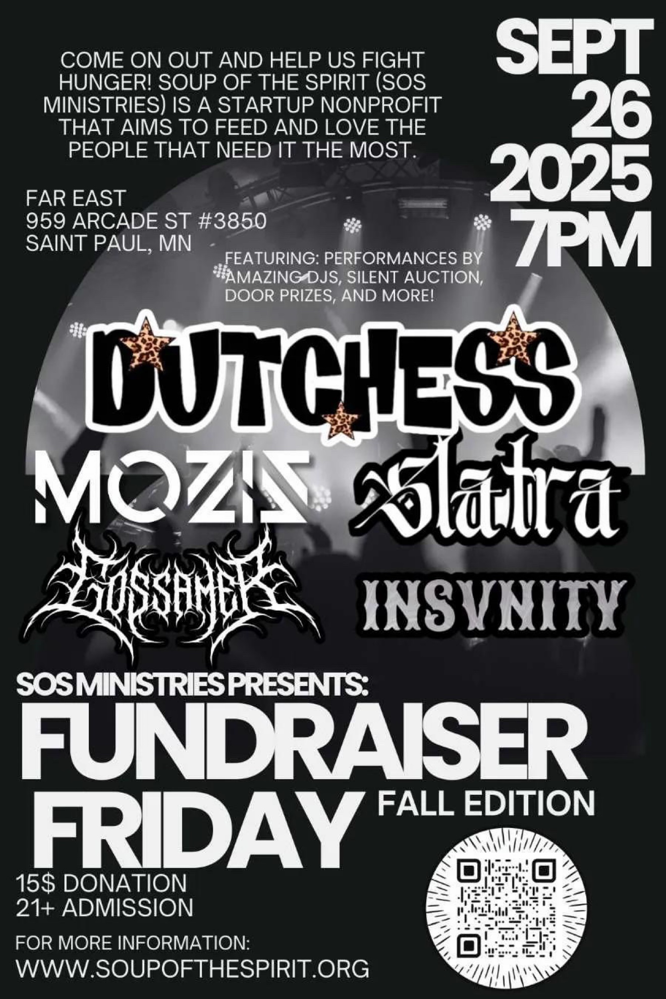 Fundraiser Friday Fall Edition flyer for September 26 2025 at Far East in Saint Paul presented by SOS Ministries