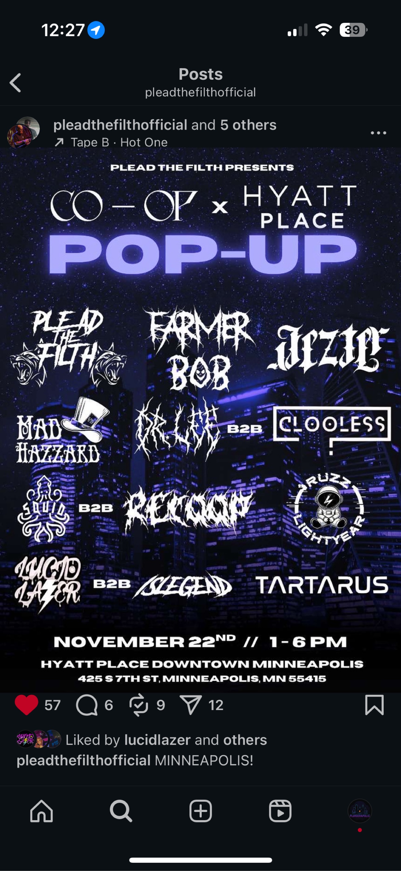 CO-OP x Hyatt Place pop-up flyer for November 22 2025 in downtown Minneapolis presented by Plead the Filth with the PLURderapolis booth