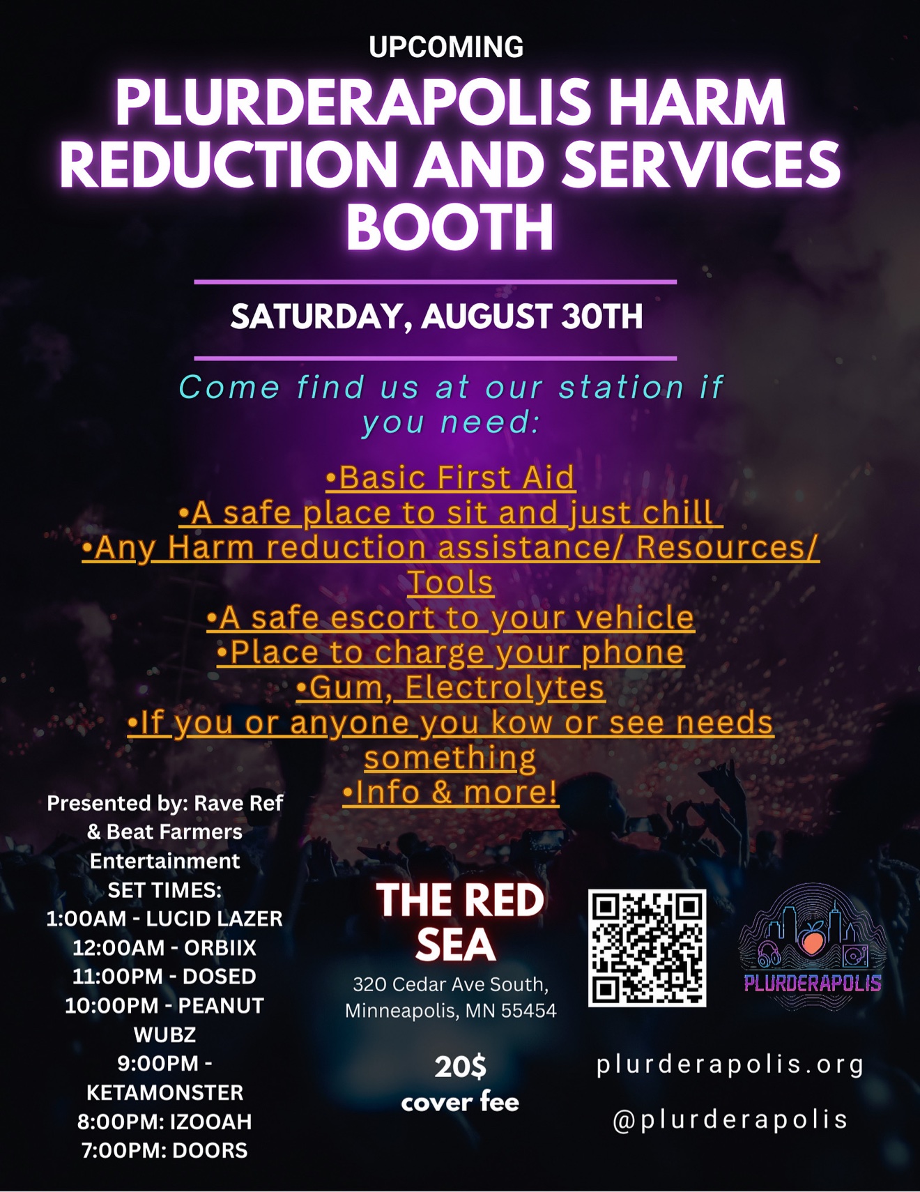PLURderapolis harm reduction booth flyer for the August 30 2025 show at The Red Sea in Minneapolis