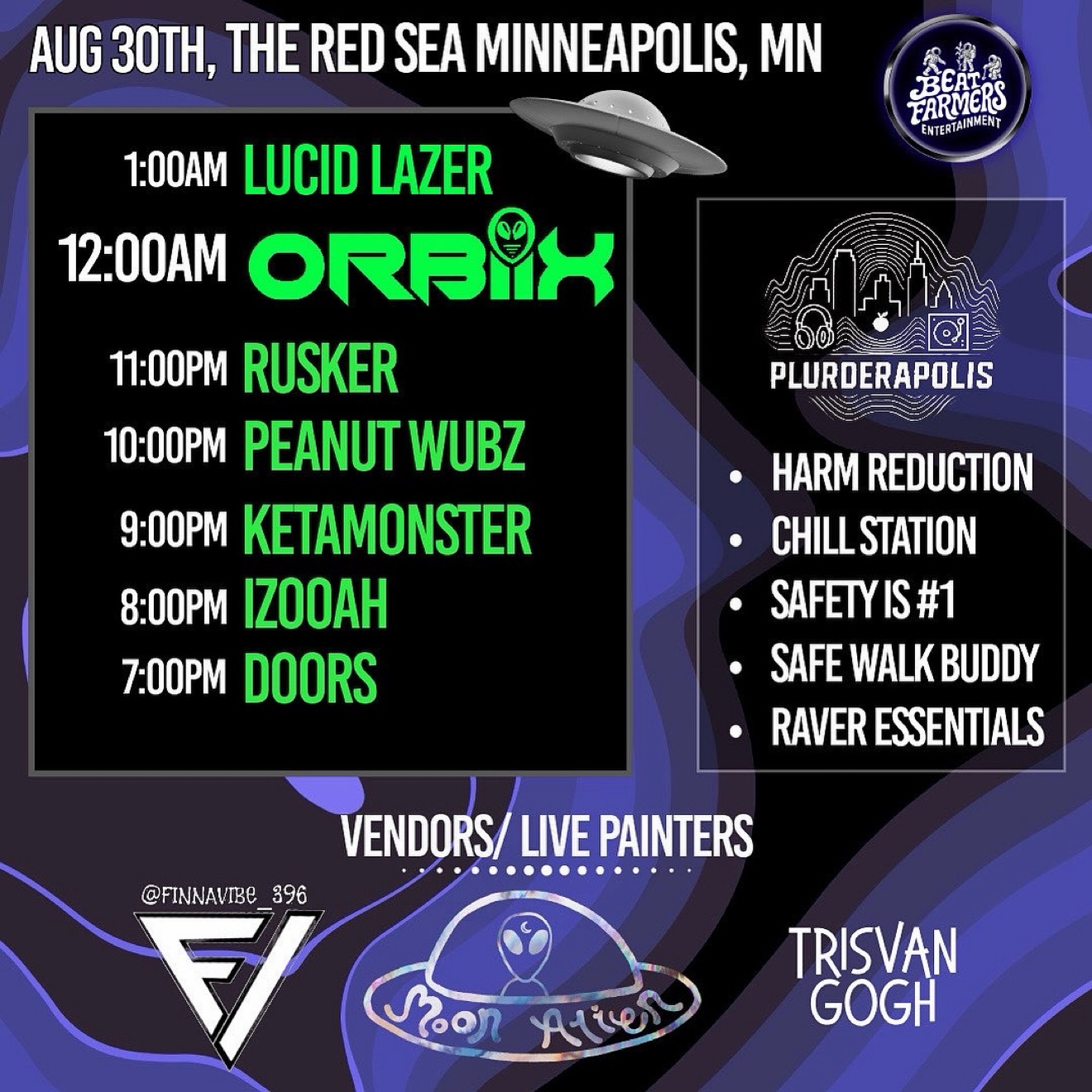 Show lineup flyer for August 30 2025 at The Red Sea featuring Lucid Lazer, Orbiix, Rusker, Peanut Wubz, Ketamonster, and Izooah