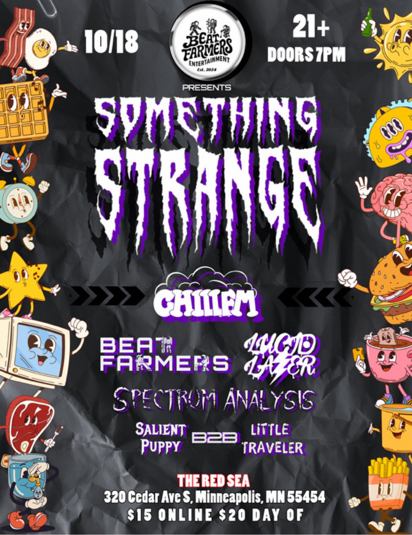 Something Strange flyer for October 18 2025 at The Red Sea presented by Beat Farmers Entertainment